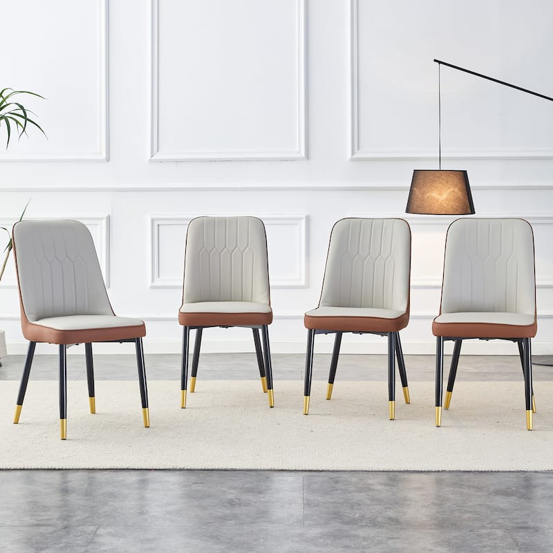 Modern Faux Leather Dining Chair Set of 4, Upholstered Kitchen Side Chair with Metal Legs Armless Chair for Living Room - Brown+Light Gray