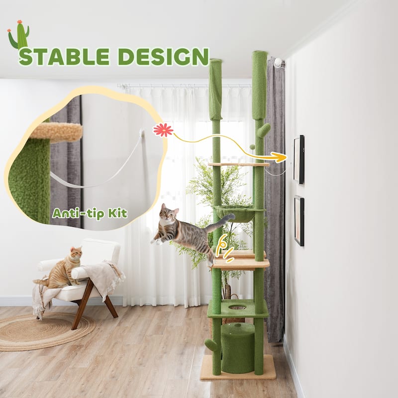 PawHut 89"-100" Floor to Ceiling Cat Tree w/ Grooming Brush Post, Green