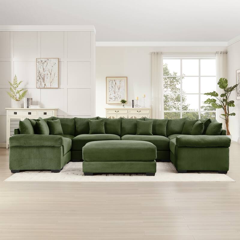 GDFStudio - Corduroy U-Shaped 6-Seater 137.7" Cloud Modular Sectional Couch with Ottoman