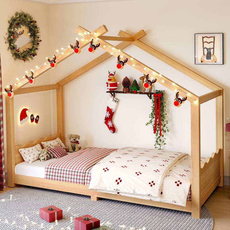 Queen/Full/Twin Solid Wood House Floor Bed, No Box Spring Needed