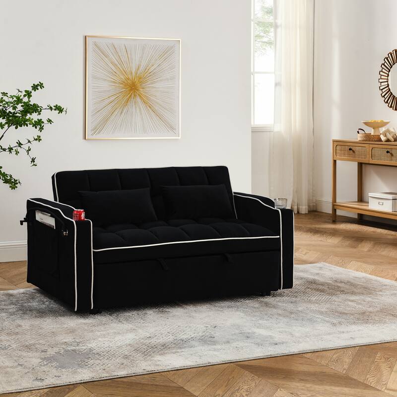 Modern Velvet Foldable Sofa Bed with USB Charging, Swivel Phone Stand & Adjustable Back, Perfect for Apartments