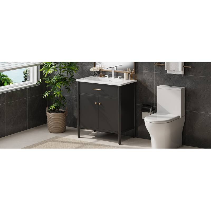 Bathroom Vanity with Ceramic Sink, Wooden Bathroom Storage Cabinet, Bathroom Cabinet with Soft Close Doors & Adjustable Shelf