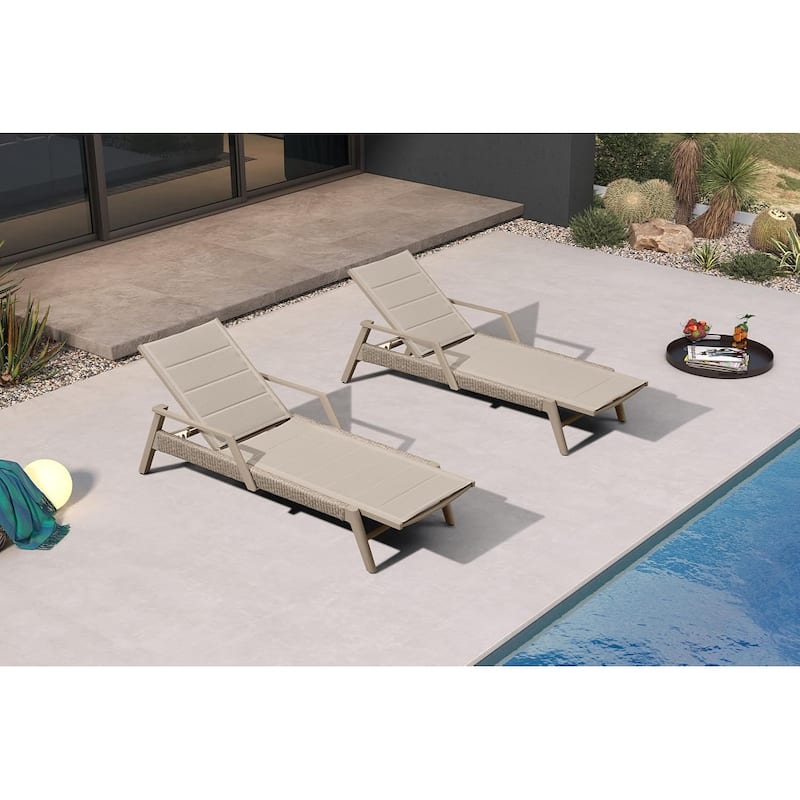 PURPLE LEAF Aluminum Adjustable Chaise Lounge with Cushion, Set of 2, for Poolside Sunbathing, Shale Color - Texilene with Arms（Beige）