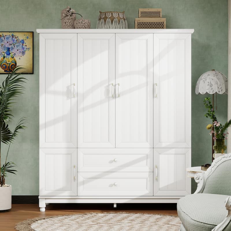 100% Solid Wood Armoire Wardrobe Closet with Drawers & Hanging Rods, Farmhouse Style Wardrobe Closet with 4 Doors, White Walnut - White