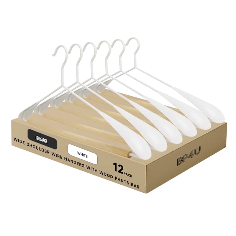 BP4U Heavy Duty Metal Wide Shoulder Suit Hangers, Welded Coat Hangers with Beech Wood Pants Bar for Clothes - 12-Pack - White/Natural