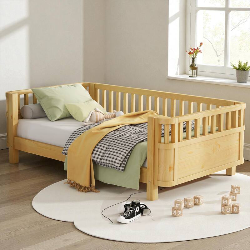 Wood Twin/Full Size Platform Bed with Safety Rails, Low Profile Kids Bed Frame for Girls and Boys - Natural - Twin
