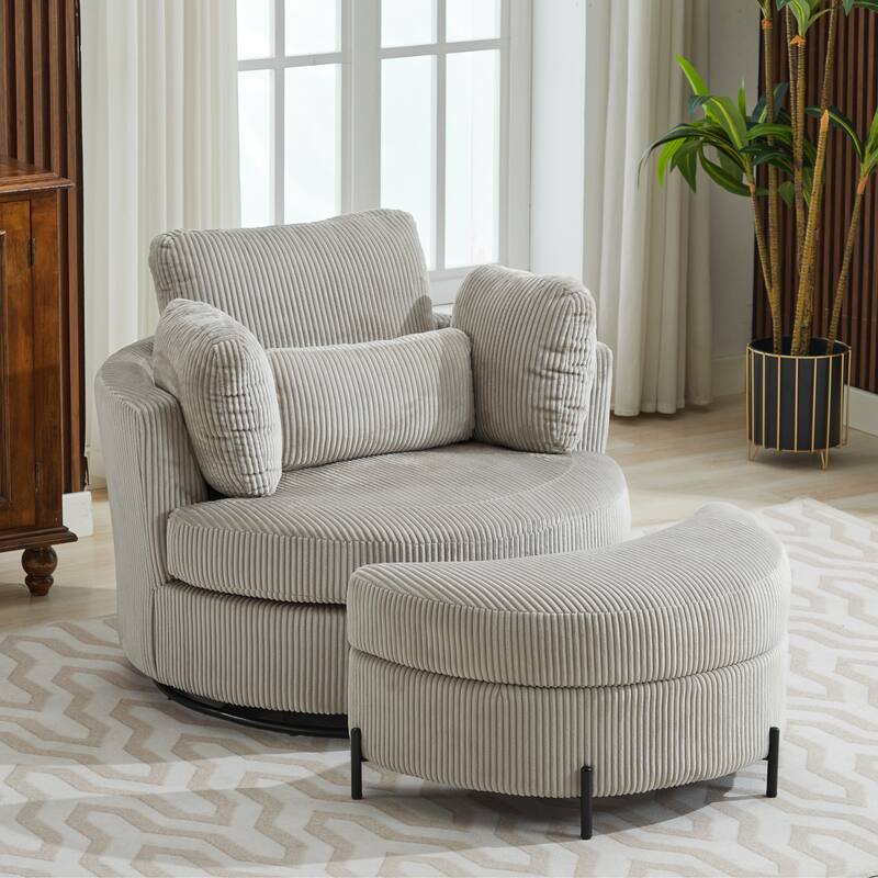 42.3"W Upholstered Swivel Accent Chair with 4 Pillows and Half-Moon Storage Ottoman