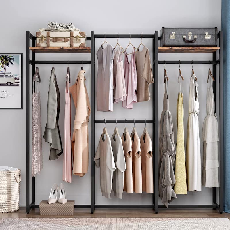 Free Standing Closet Organizer with Hanging Rods, Garment Rack Heavy Duty Clothes Rack with Storage Shelves, Max Load 500LBS