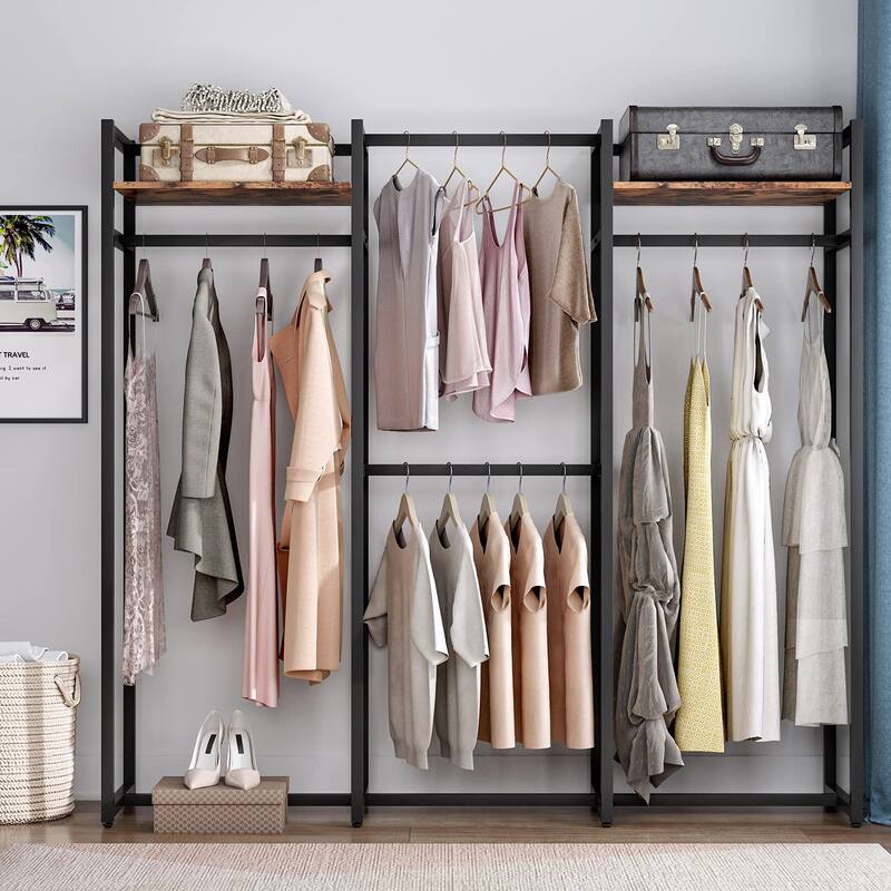 Garment Rack Heavy Duty Clothes Rack Free Standing Closet Organizer with Shelves and 4 hanging Rods - 18" wide - Rustic Brown and Black