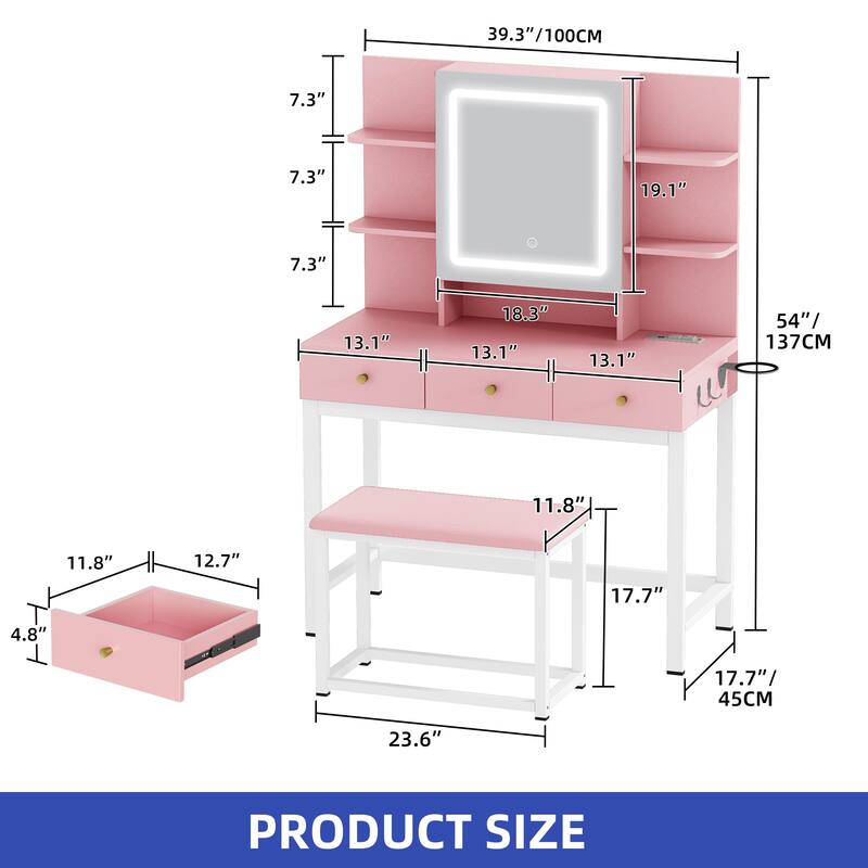 Moasis 39.3" Wide Makeup Vanity Set with Lighted Mirror & Power Outlet