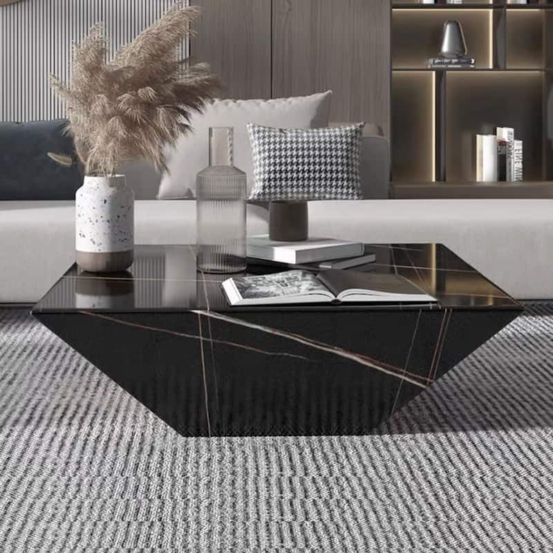 Modern Square Coffee Table, Trapezoid White Sintered Stone Coffee Table, Fully-assembled - 31.5" - Black
