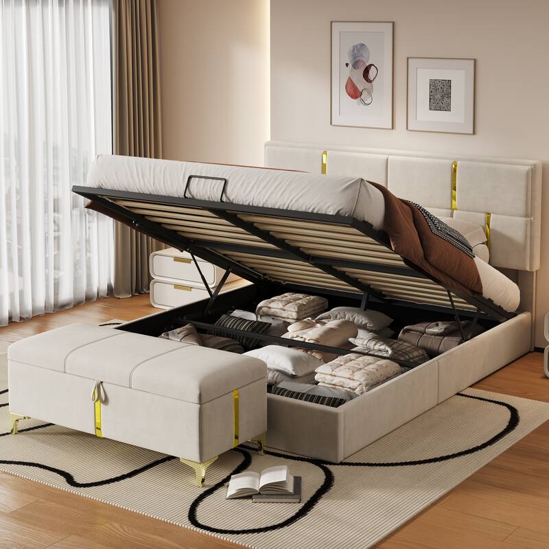 Roomfitters 2 Piece Bedroom Set, Queen Upholstered Platform Bed with Hydraulic Lift Base and Matching Ottoman Bench, Beige - Beige