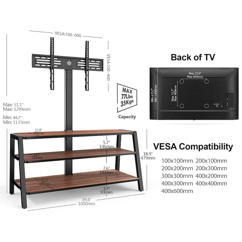 FITUEYES 3-Tier Floor TV Stand with Mount for 37-70 Inch TVs, Walnut