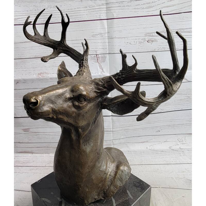 Elk Deer Reindeer Head Bronze Bust Sculpture Statue On Marble Base Lodge Cabin Decor