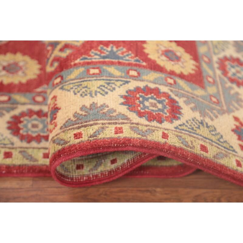 Geometric Red Kazak Oriental Foyer Rug Hand-Knotted Wool Carpet - 2'7" x 4'1"