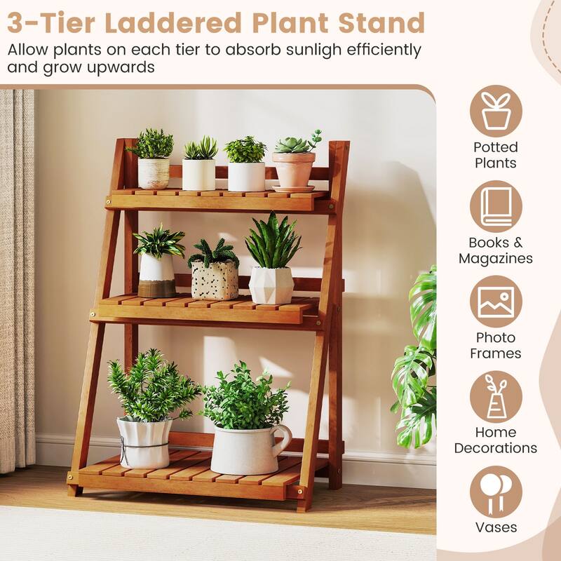 Gymax 3-Tier Wood Plant Stand Folding Flower Rack w/Ladder Design