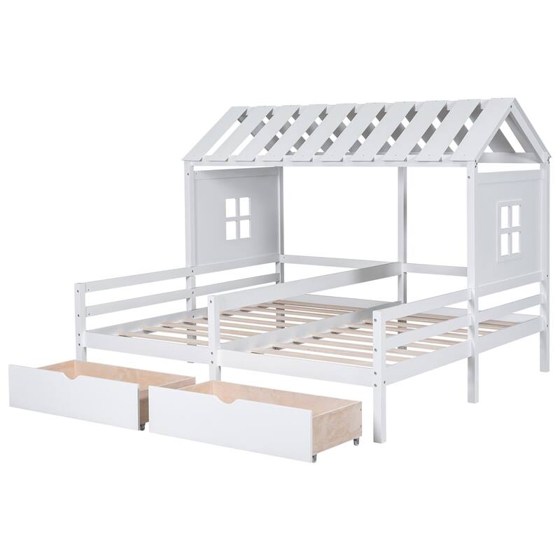 Merax 2 Shared Beds Twin Size House Platform Beds with Two Drawers