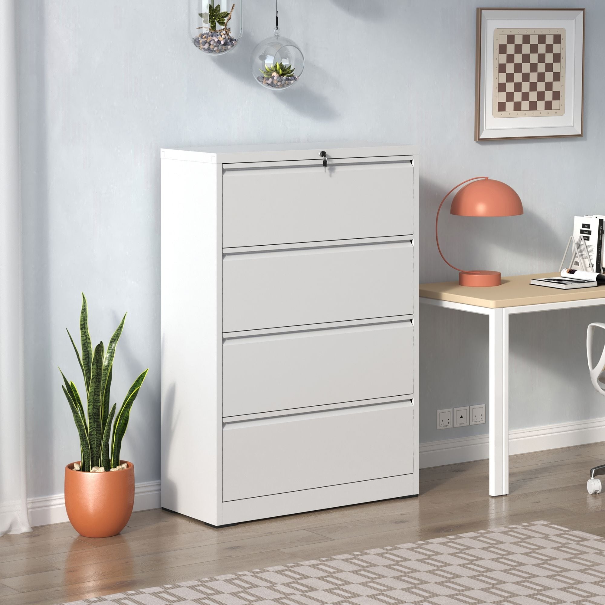 4 Drawer White Filing Cabinet with Lock