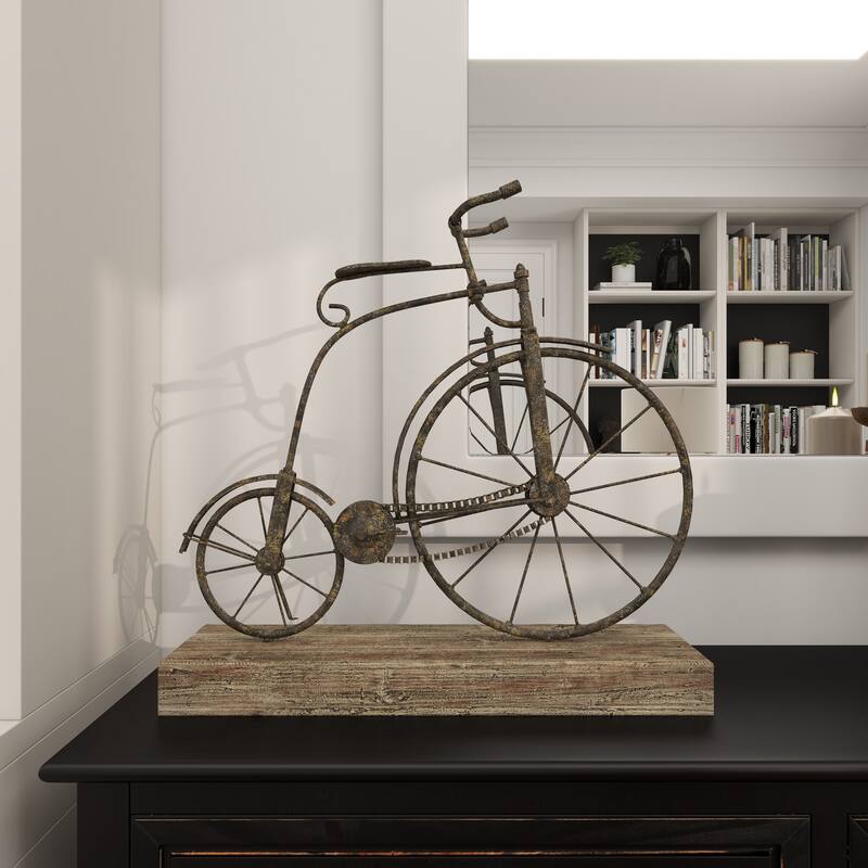 Metal Bike Decorative Sculpture with Wood Base - Black - Roche River Decor