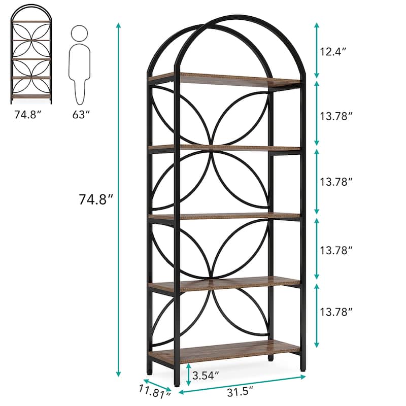 5-Tier Open Bookshelf, 75 Inch Arched Bookcase Shelf