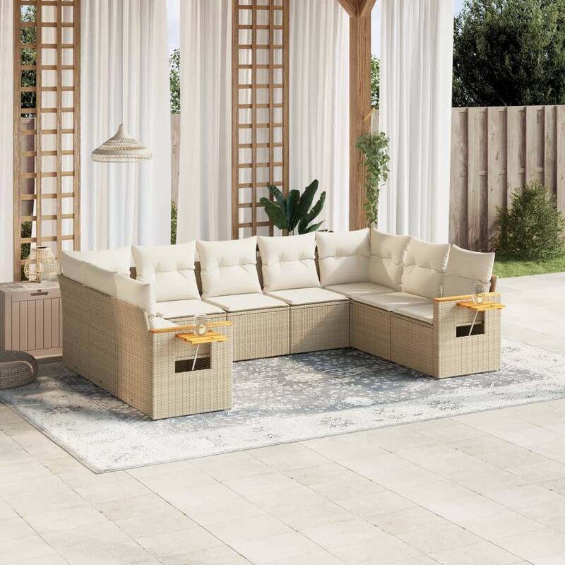 vidaXL Patio Sofa Set with Cushions Outdoor Conversation Furniture Poly Rattan - 24.4 x 33.5 x 27.2 in - Beige and cream without table