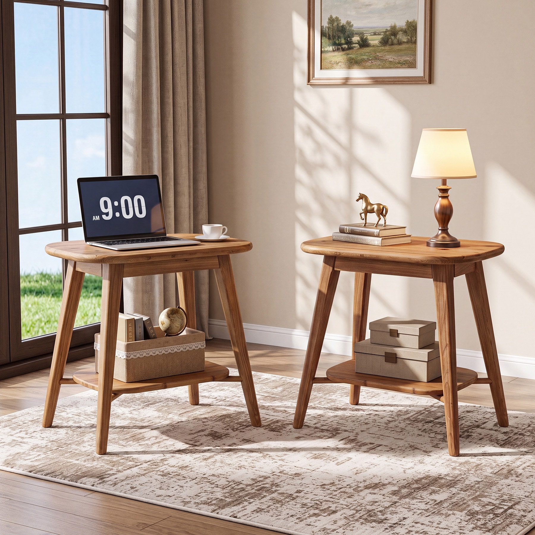 Solid Wood Oval End Table, Side Table with Storage for Living Room Bedroom 2-tier Bedside Tables Nightstand for Small Spaces