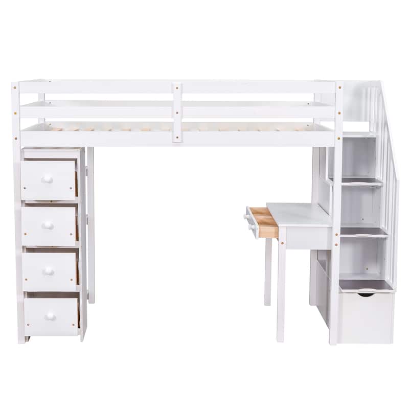 Twin size Loft Bed with Storage Drawers ,Desk and Stairs, Wooden Loft Bed with Shelves