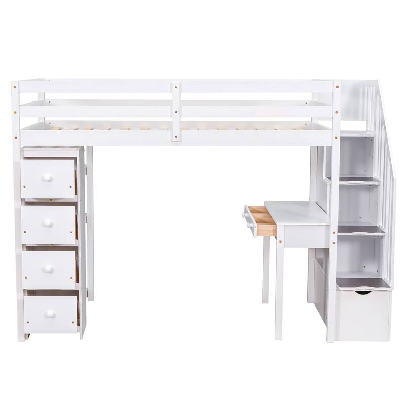Wooden Twin Size Loft Bed with Desk,Storage Stairs,Drawers and Shelves