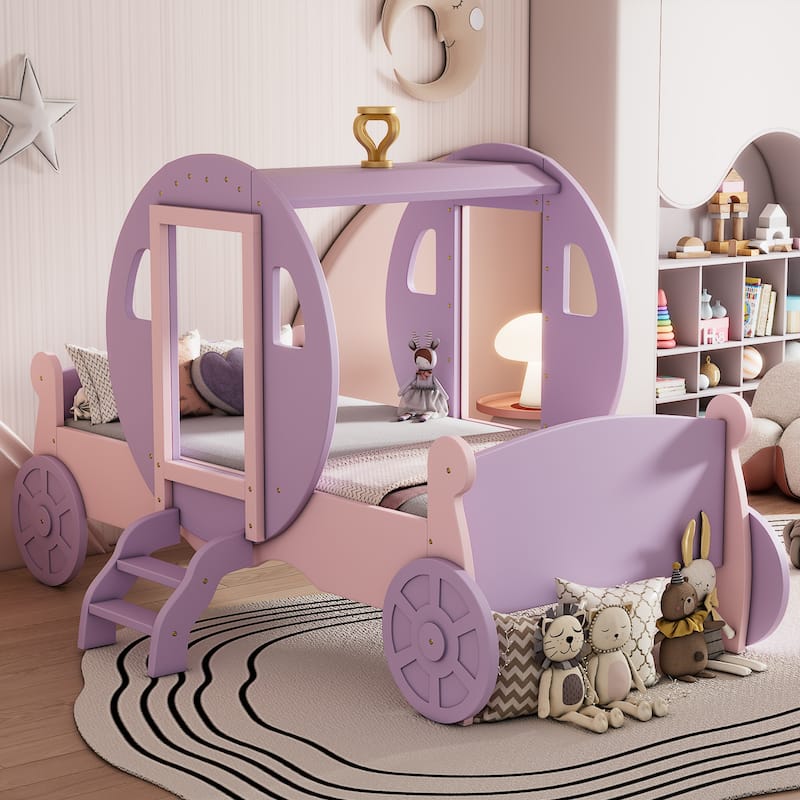 Twin Size Princess Carriage Bed with Crown, Wood Platform Bed with Stairs, Purple and Pink - Pink
