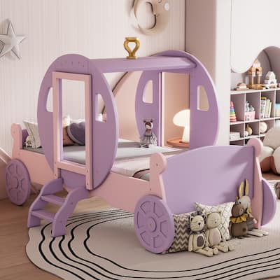 Twin size Princess Carriage Bed with Crown,Wood Platform Car Bed with Stair,Purple+Pink