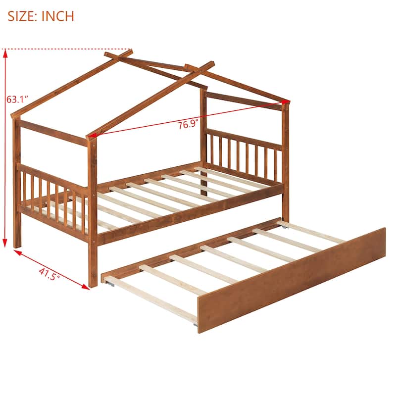 Roomfitters Twin Size Wooden House Bed with Pull-Out Twin Trundle, Montessori Playhouse Bed Frame, Walnut