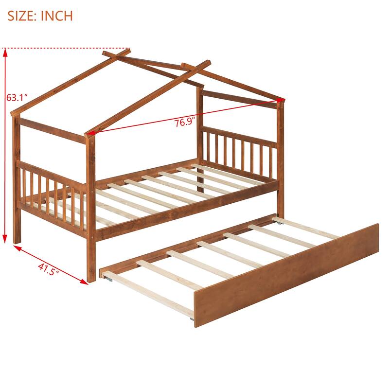 Solid Wood House Platform Bed Frame with Trundle Bed and Roof