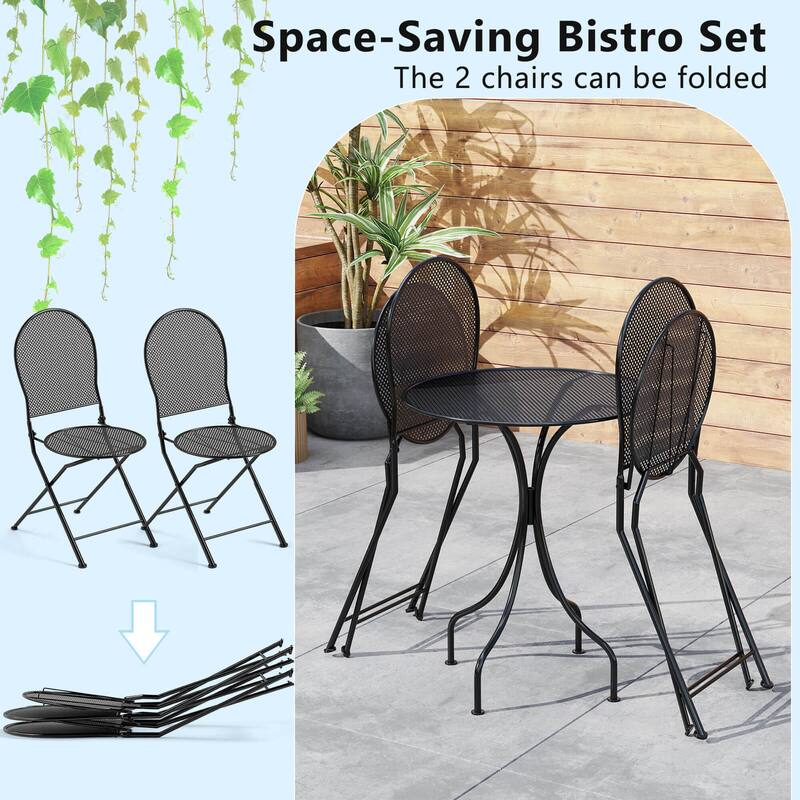 Costway 3 PCS Metal Bistro Set Round Table & 2 Folding Chairs with
