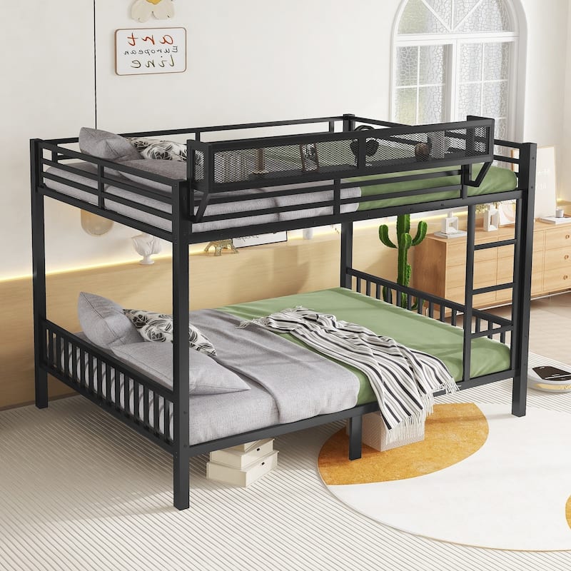 Queen Over Queen Metal Bunk Bed with Ladder and Storage Shelf for Adults Teens,Black