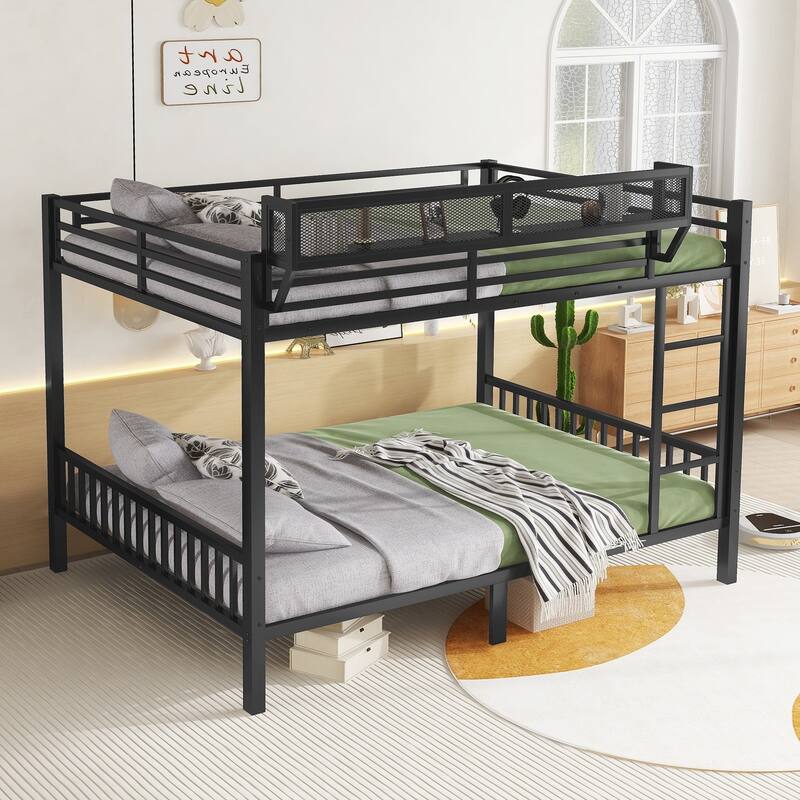 Queen Over Queen Size Metal Bunk Bed Frame with Ladder and Bedside Storage Rack Shelf for Adults Teens, Black Platform Bed Frame - Black - Queen