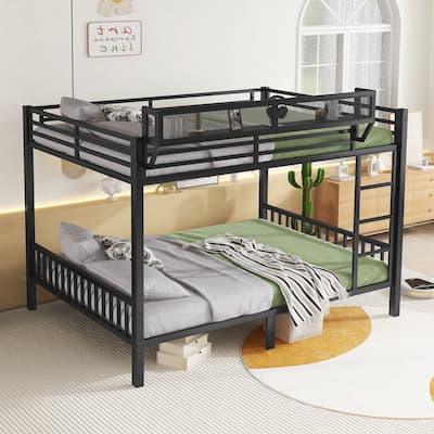 Queen Over Queen Size Metal Bunk Bed Frame with Ladder and Bedside Storage Rack Shelf for Adults Teens, Black Platform Bed Frame
