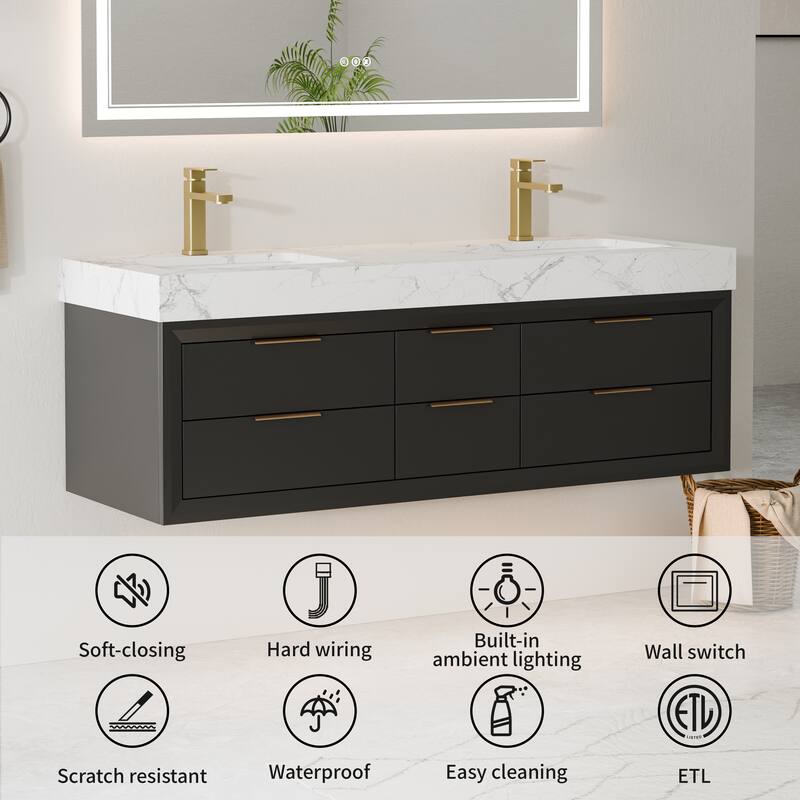 60" Wall-Mount Double Vanity with LED Light. - 60 inch