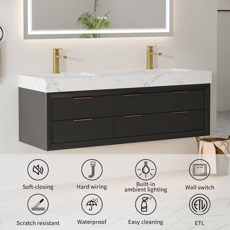 Modland 36/48/60 Inch Black Floating Bathroom Vanity with ETL LED Lights & Soft-Close Drawers, Waterproof Rubberwood