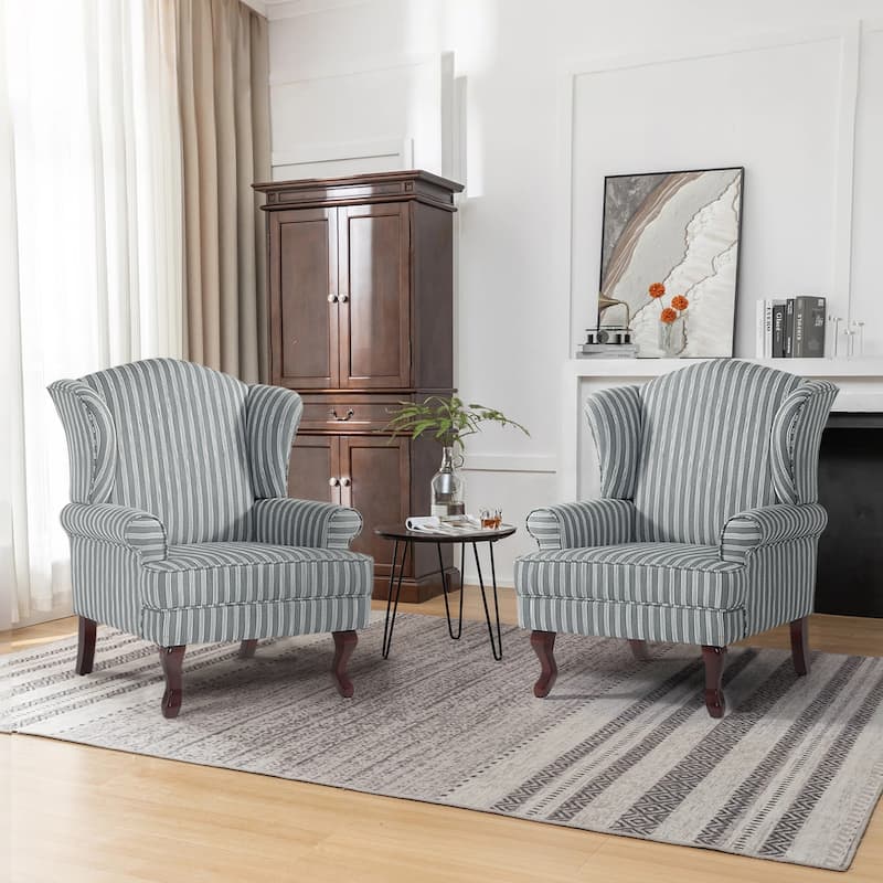 Elegant Living Room Wing Back Arm Chair Upholstered Accent Chair - Set of 2 Chairs - STRIPE GRAY-2 Set