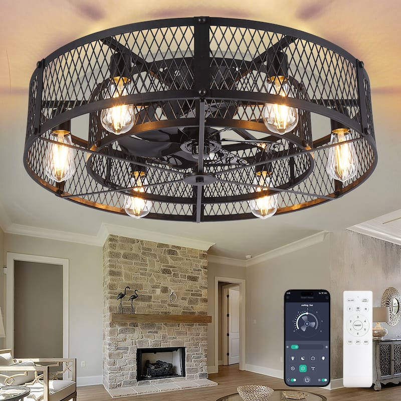 20-26Inch Caged Ceiling Fan with Light and Remote: APP Control Quiet DC Motor (E26 Bulbs Included) - 26in - Black