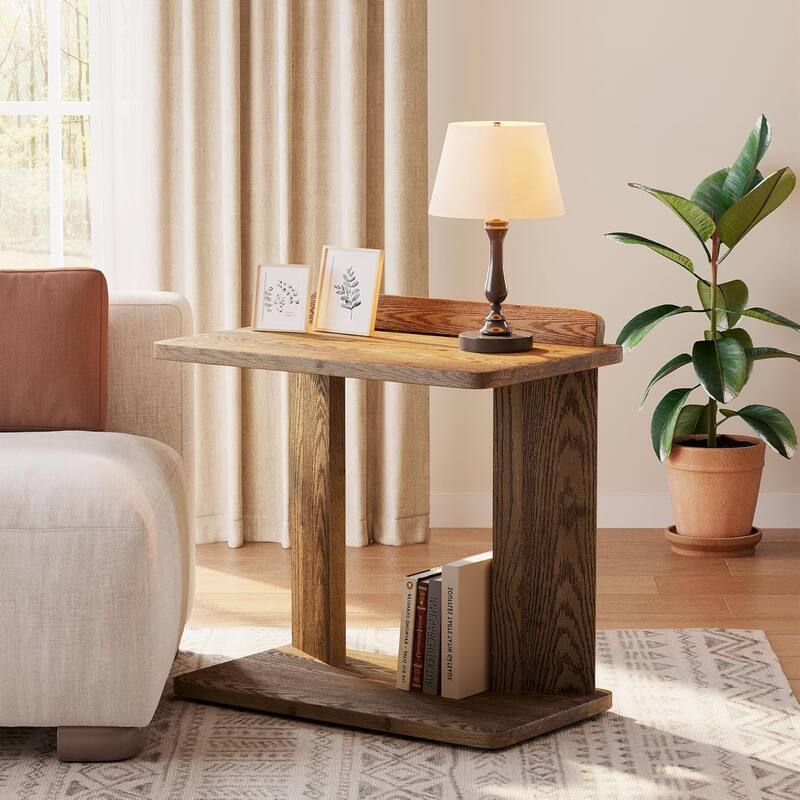 Farmhouse Solid Wood C-Shaped End Table with Book Groove & Holder for Living Room, Bedroom