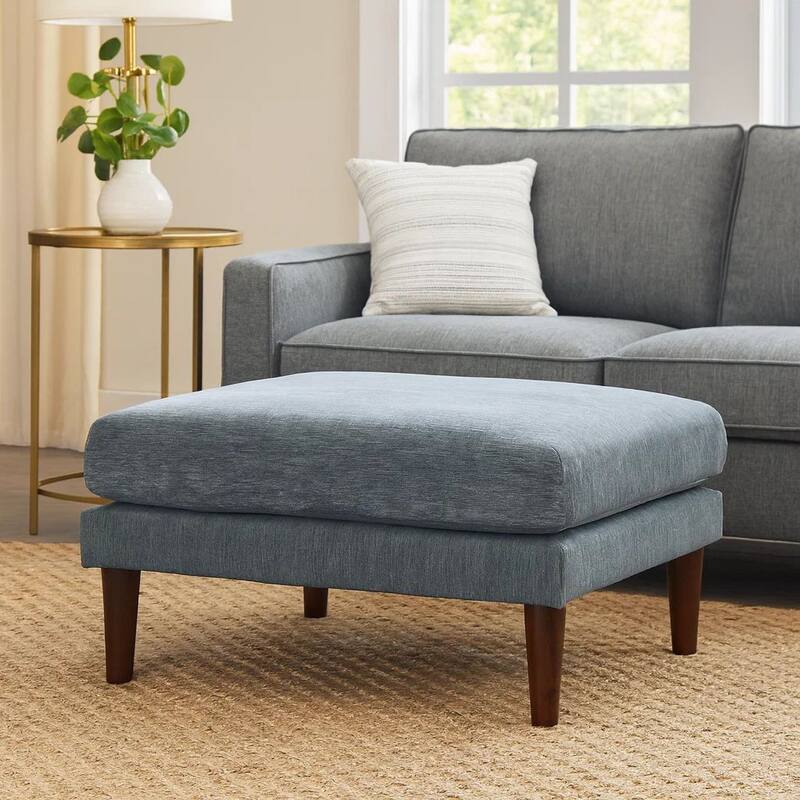 Rio 32 Inch Modular Ottoman, Box Cushion Seat, Wood Legs, Slate Blue Fabric