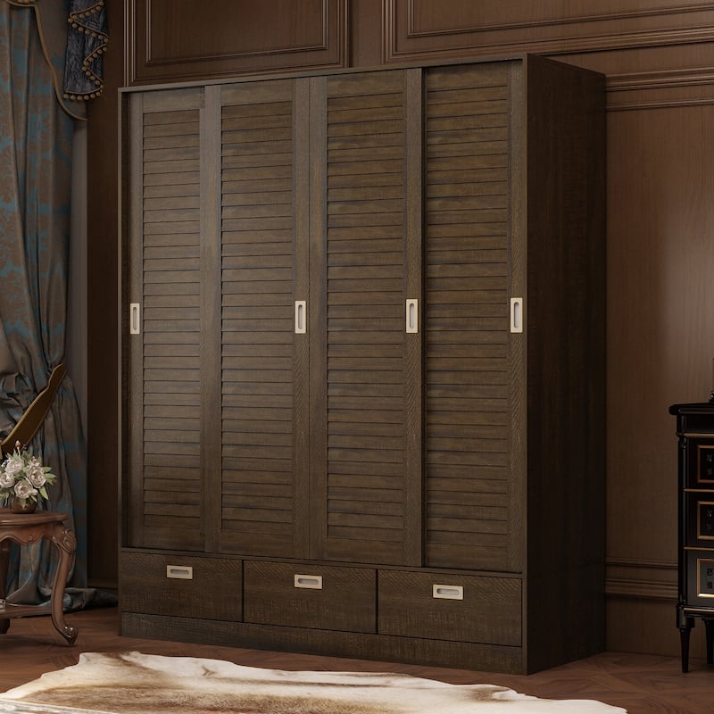 Brown Wood Grain Wardrobe with Drawers, Hanging Rod 4 Sliding Doors