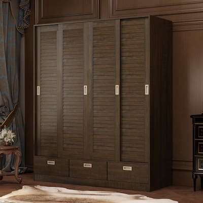 Brown Wood Grain Wardrobe with Drawers, Hanging Rod 4 Sliding Doors