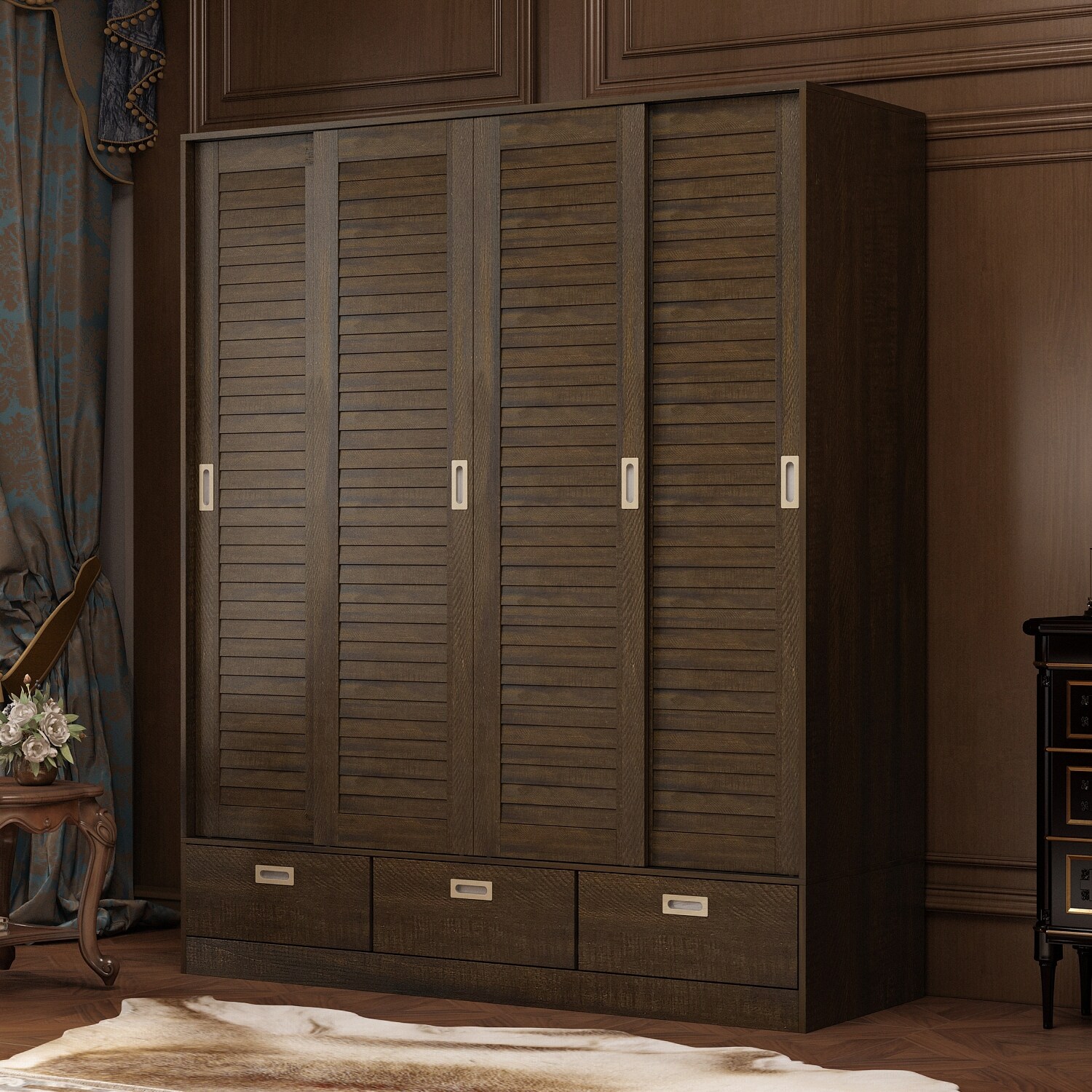 Brown Wood Grain Wardrobe with Drawers Hanging Rod 4 Sliding Doors On Sale Bed Bath Beyond 37417261
