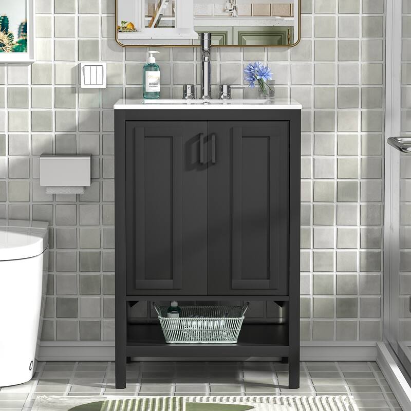 Anmytek 24'' Single Bathroom Vanity Cabinet with Ceramic Sink Combo Bathroom Storage Cabinet With Soft Close Doors
