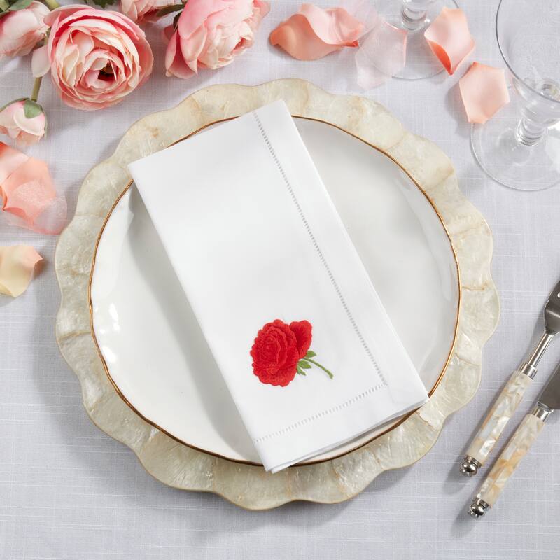 Floral Embroidered Cotton Decorative Napkins (Set of 6) - Botanical Accent Detail for Dining and Entertaining, 20"x20"