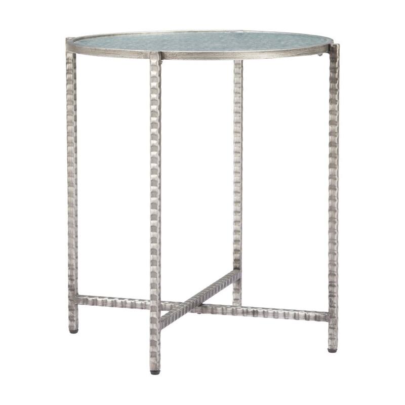 HomeRoots 22" Clear and Silver Glass and Distressed Steel Round End Table - 21.00 in. x 22.00 in. x 21.00 in.