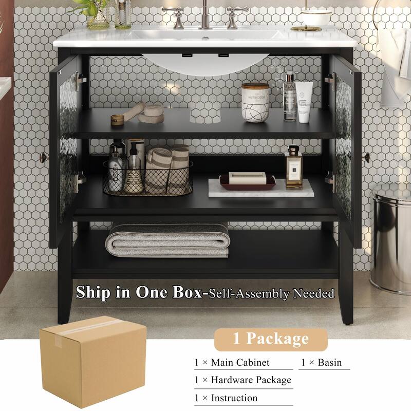 36" Bathroom Vanity with Ceramic Sink, Adjustable Shelf and Open Shelf, Solid Wood Legs, Waterproof Painted Finish