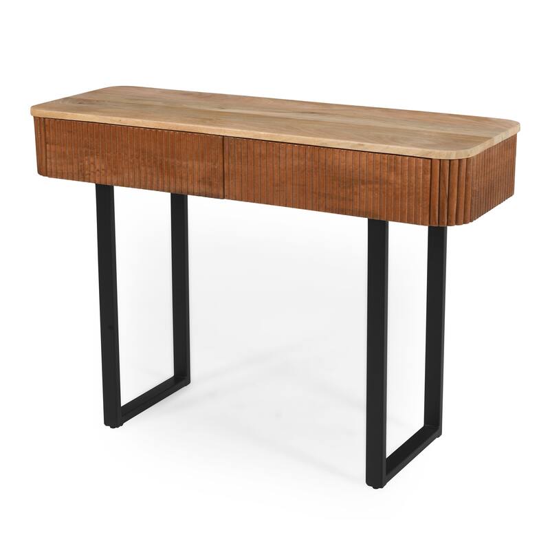 Solid Wood Entryway Table, Narrow Sofa Table with Storage Drawers & Metal Legs, with Fluted Hallway Tables Console Table Natural